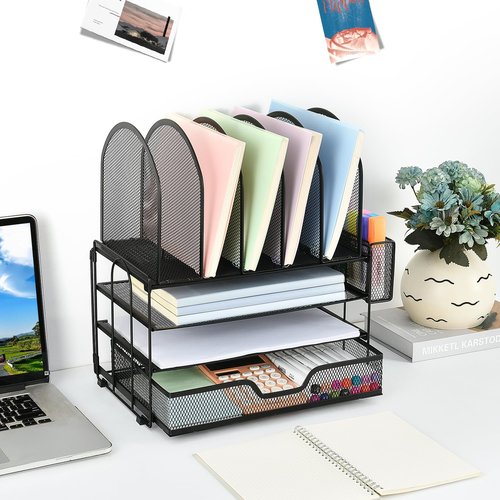 ORDROLL Desk Organizers and Accessories with Drawer, File Organizer with 5 Vertical File Holders and Pen Holders, Office Desk Accessories Workspace Desktop Organizers for Office Supplies (Black)