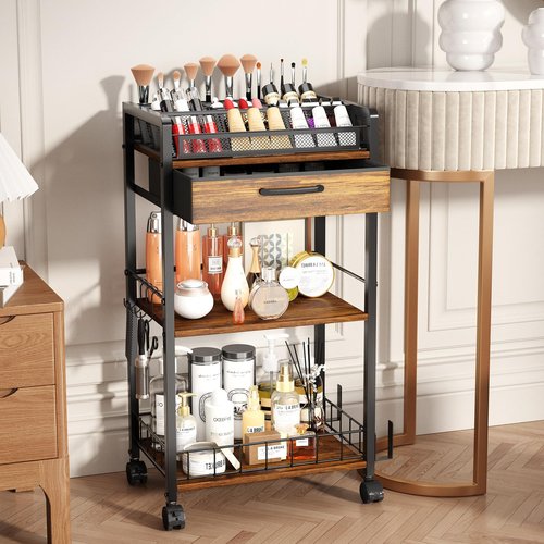 Homsorout 3 Tier Rolling Cart - Metal Utility Cart with Storage Drawer and Wheels, Versatile Art & Craft Organizer for Home, Office, or Studio Ideal for Storing Brushes, Paints, and Supplies Brown