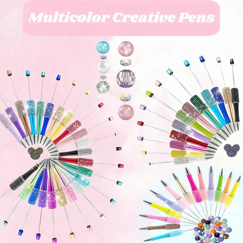 KUNHEHO 48Pcs Pens Bulk Beadable Focal Beads Pens with Glitter Diamond Pearls Fancy Cute Pens for Women Tween Girls Gifts Trendy Stuff School Supplies for Girls Teachers