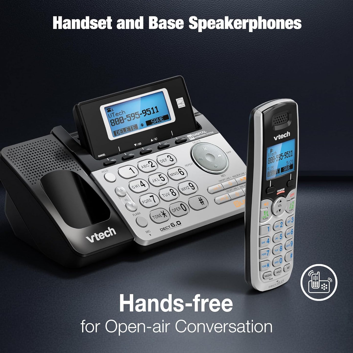 VTech 2-Line Cordless Phone - Home & Business Use with Answering System | Caller ID, Intercom, Hearing Aid Compatible (Black/Silver)