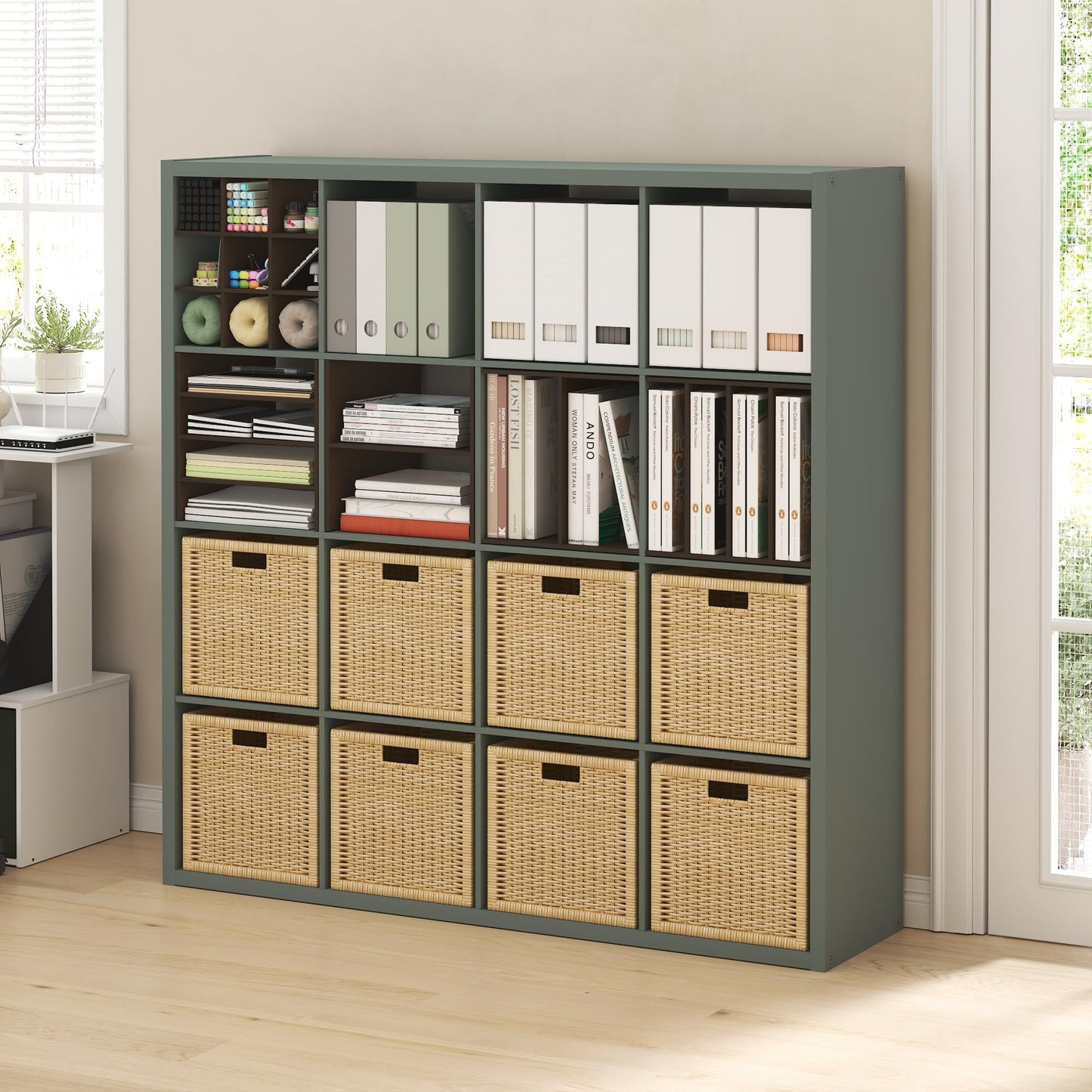 Furinno Cubicle Book Shelf, 16-Cube Bookshelf, Extra Thick Frame Reversible Bookcase with Open Back, 14.6" x 58" x 58", for Living Room, Bedroom, Home Office, Sage Green