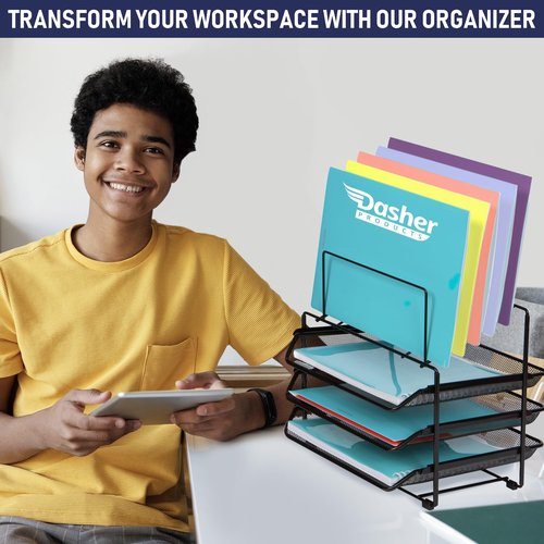 Mesh Desk Organizer and Storage, Office Organizer with 3 Sliding Letter Trays and 5 Vertical File Holders, Steel Mesh File Rack for Binders, Folders, and Clipboards. Letter Tray for Desk Organization