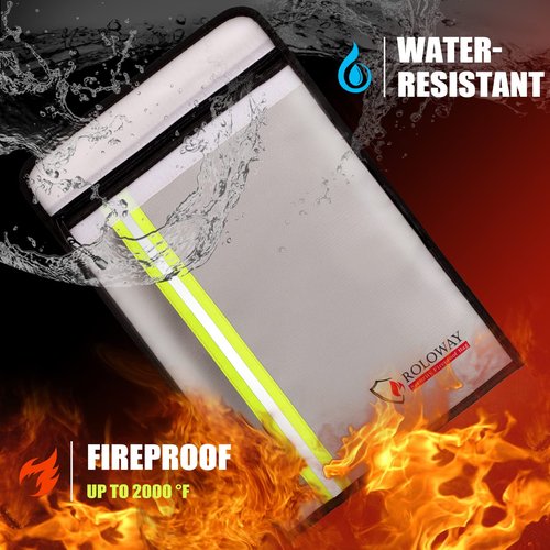 ROLOWAY Fireproof Document Bag (15 x 11 inch) with 2 Pockets & Waterproof Zipper, Fire Safe Envelope Bag for Cash, Legal Documents (Silver)