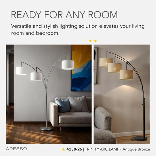 Adesso Arc Floor Lamp with 3 Movable Shades & Dimmable Brightness - Perfect Lighting for Bedroom, Living Room and Corner Decor, Antique Bronze