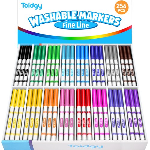 Toidgy 256 PCS Washable Markers for Kids, Colored Markers Bulk for School, Thin Marker Set in 16 Assorting Colors, Fine Line Marker with Conical Tip, Back to School Supplies, Classroom Must Haves