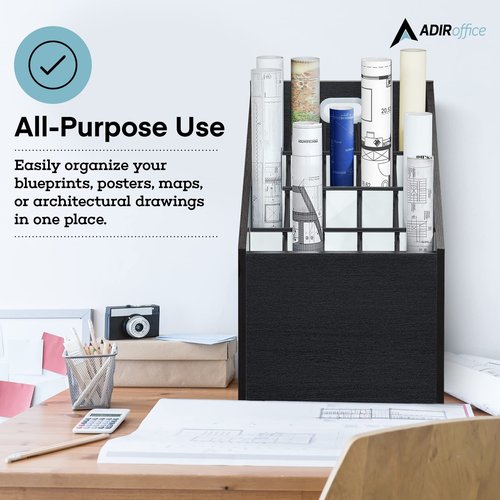 Adir Blue Print Storage Organizer Cart - Wooden Plan and Blueprint Storage Box, Poster Storage Cabinet, Map Storage Cart and Construction Plan Holder in Black