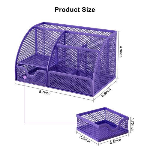 EasyPAG Mesh Desk Organizer, Multi-functional Stationery Organizer for School Supplies, Office Pen Holder for Desk, 6 Compartments Dorm Organization with Drawer, Purple