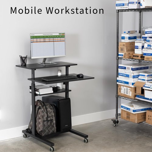 VIVO Mobile 28 inch Standing Desk Workstation, Height Adjustable Rolling Laptop Cart with Storage, Black, CART-V02DB