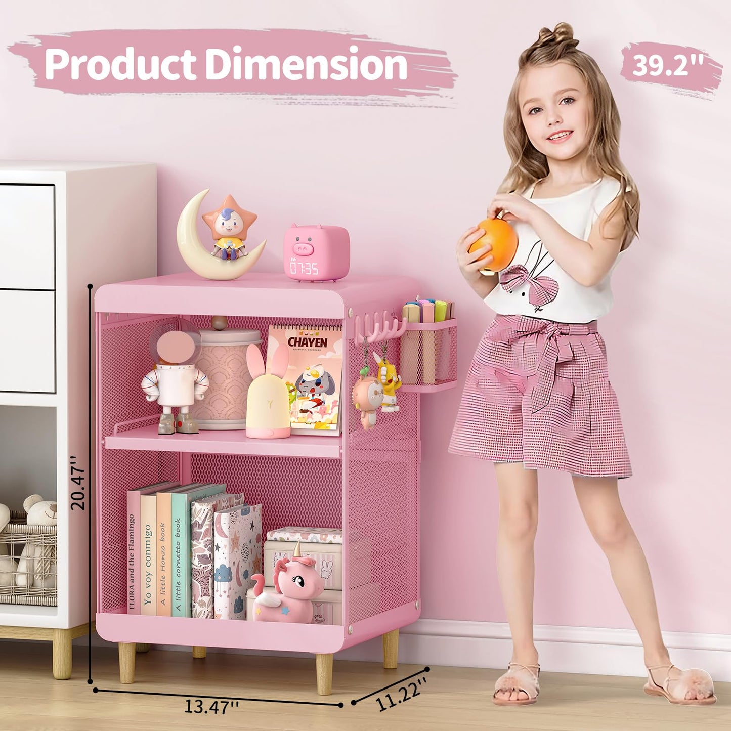 SYKIARIOL Kids Nightstand for Girls, Metal Bedside Table with 4 Hooks & Hanging Basket, 3-Tier Storage Shelf, Toddler Night Stand for Bedroom, Pink