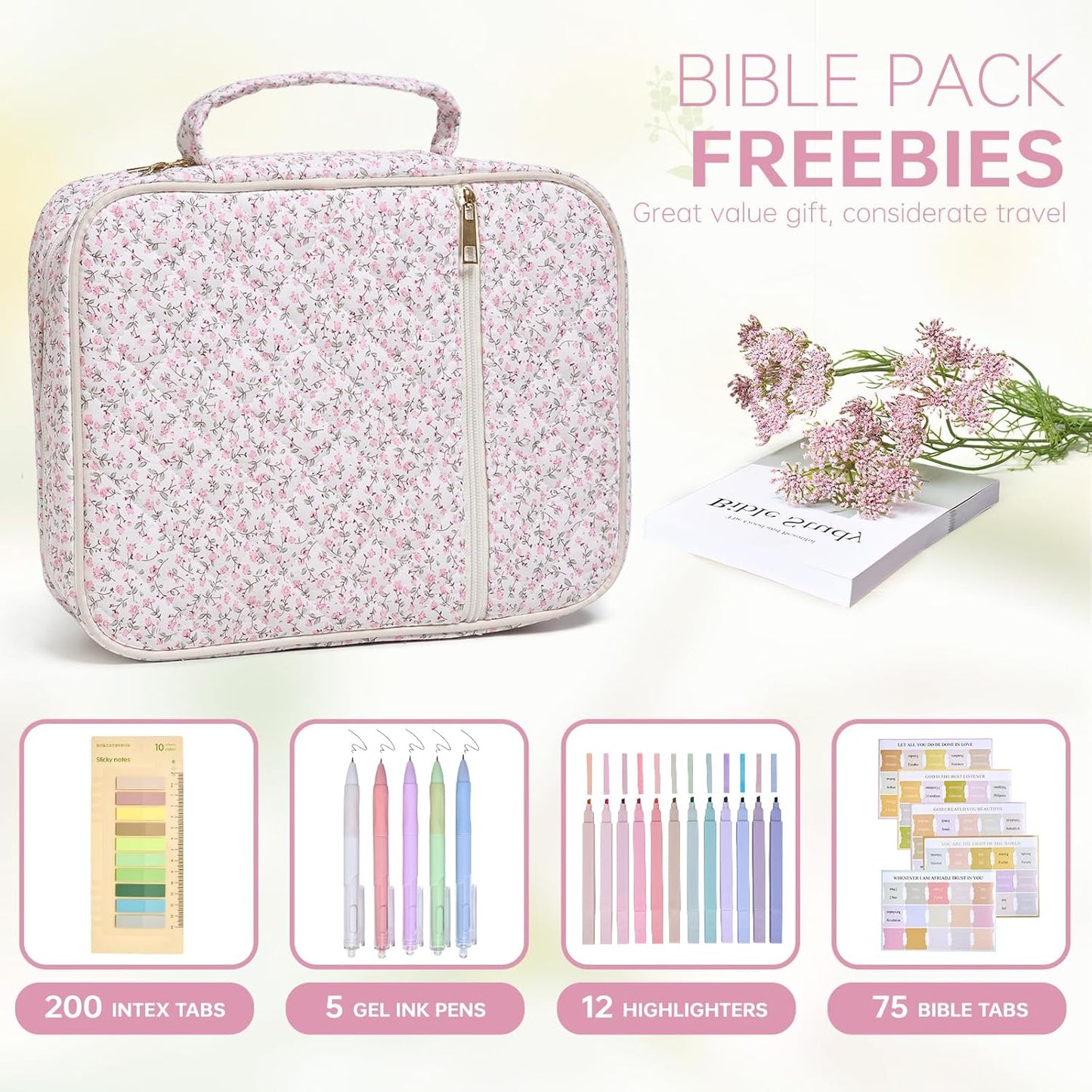 Skiennix Bible Cover Case - Durable Quilted Design for Women | Large Mini Pink Flower Carrying Case