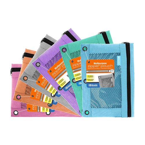 BAZIC Products Pencil Pouch 3 Ring Binder Pouch w/Rivet Enforced Rings Holes, Pastel Color Mesh Window Zipper Pouchesr, 24-Pack