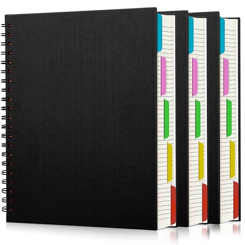 EUSOAR Notebook with Tabs, 3 Pack A4 Letter Size11 x 8-1/2", Black Hardcover Spiral 5 Subject Notebook, 120 Sheets/ 240 Pages, 100GSM College Ruled Paper, Journals for Work Office School Composition