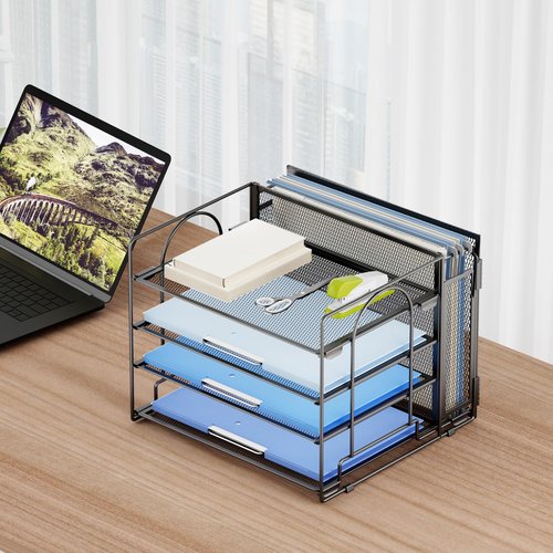 Marbrasse 4 Tier Paper Organizer Letter Tray, Desktop Organizer with Hanging File Holder, Mesh Desk File Office Supplies for Home Office (Black)