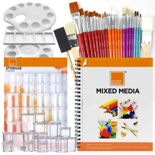 COLOUR BLOCK 48pc Professional Art Kit Painting Set I 9 x 12 inch Sketchbook 60 Sheets I 25pc Watercolor-Acrylic Art Brush Set I 19pc Storage Cups I 3pc Plastic Palette Tray