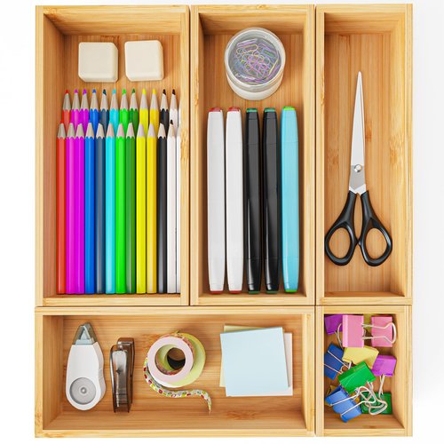 HUCINIUN Bamboo Drawer Organizer Set, 5 PCS Wooden Storage Trays for Kitchen, Bathroom, Office, Makeup