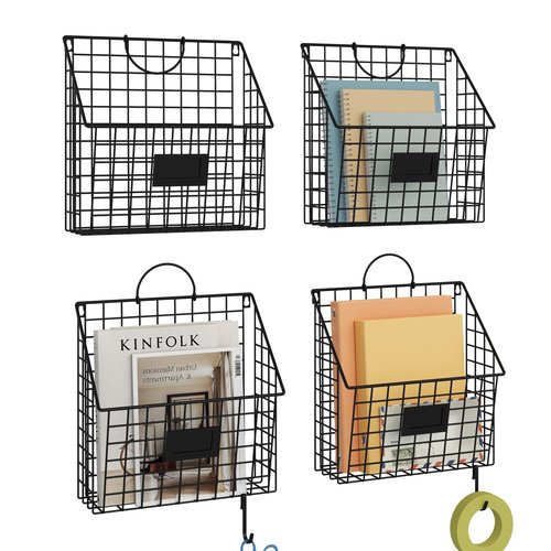 Yuzehuaza Hanging Wall File Holder Organizer Metal Wall Mount File Folders Holder Magazine Rack with Handles and Hooks , for Home Office, 4 Packs, Black (Patent Pending)