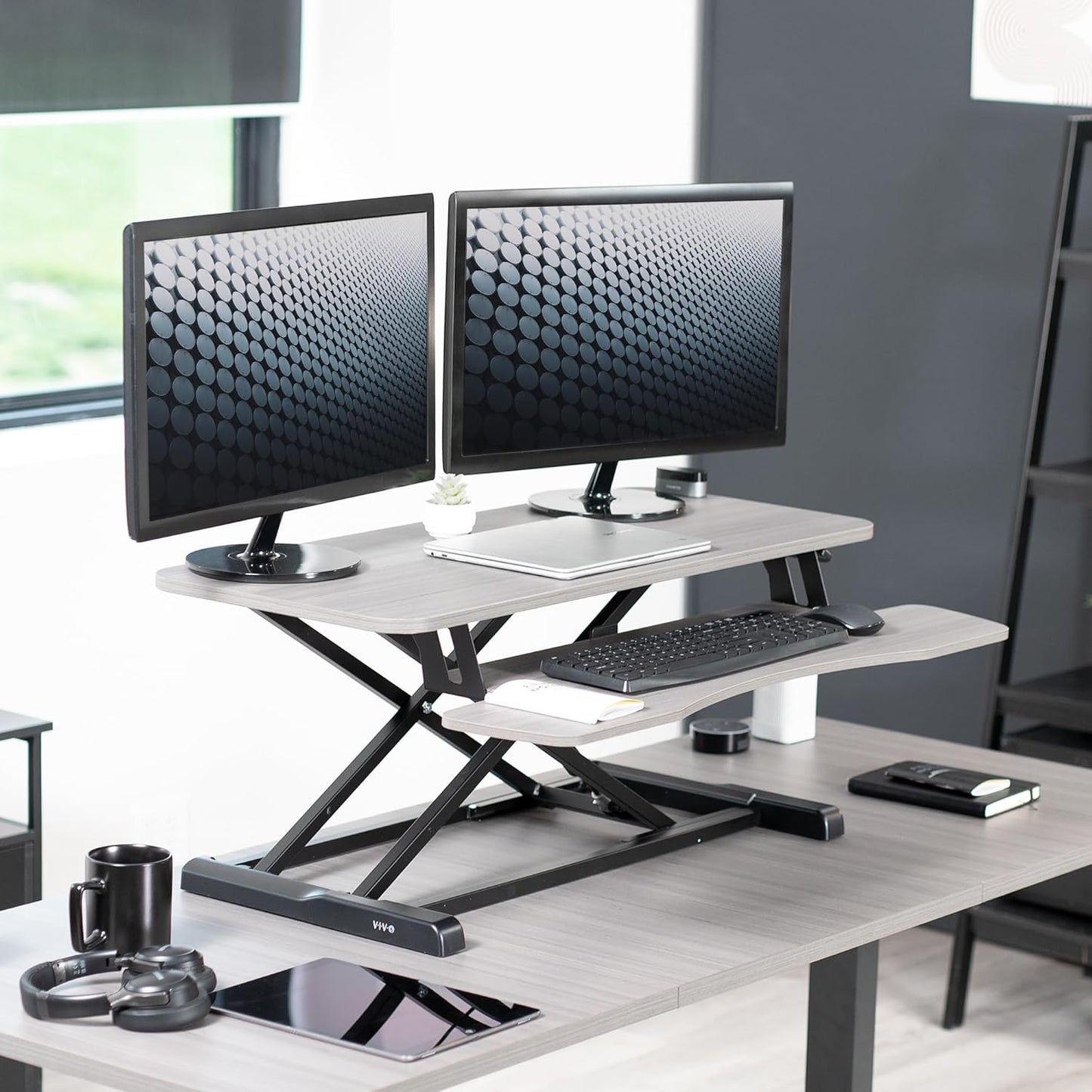 VIVO 36-Inch Height Adjustable Desk Converter - Sit to Stand Dual Monitor Workstation | Gray Top, Black Frame