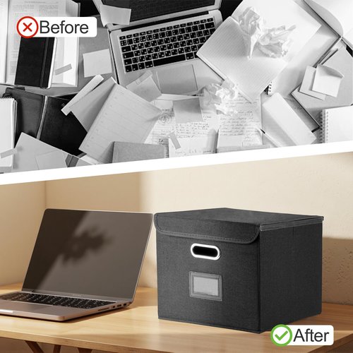 Hleelomi File Organizer Box, Linen Filing Organizer with Lid, Large Desktop File Boxes, Black,2 Pack