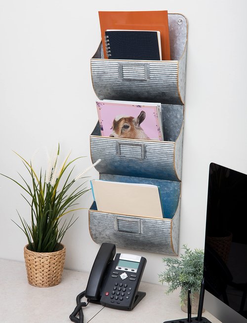 Mind Reader File Organizer, Office Organization, Magazine Rack, Wall Mount, Galvanized Metal, 12" L x 3.75" W x 32.25" H, Silver