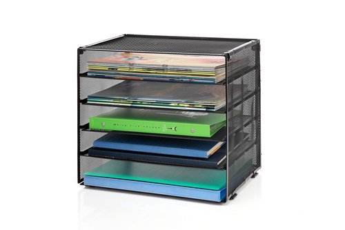 StorageMax Desk File Organizer, Desktop Wire Mesh Sorter with 5 Compartments and 4 Retractable Trays for Mail, Papers, Letters, Folders and Binders. Office Accessories. Black
