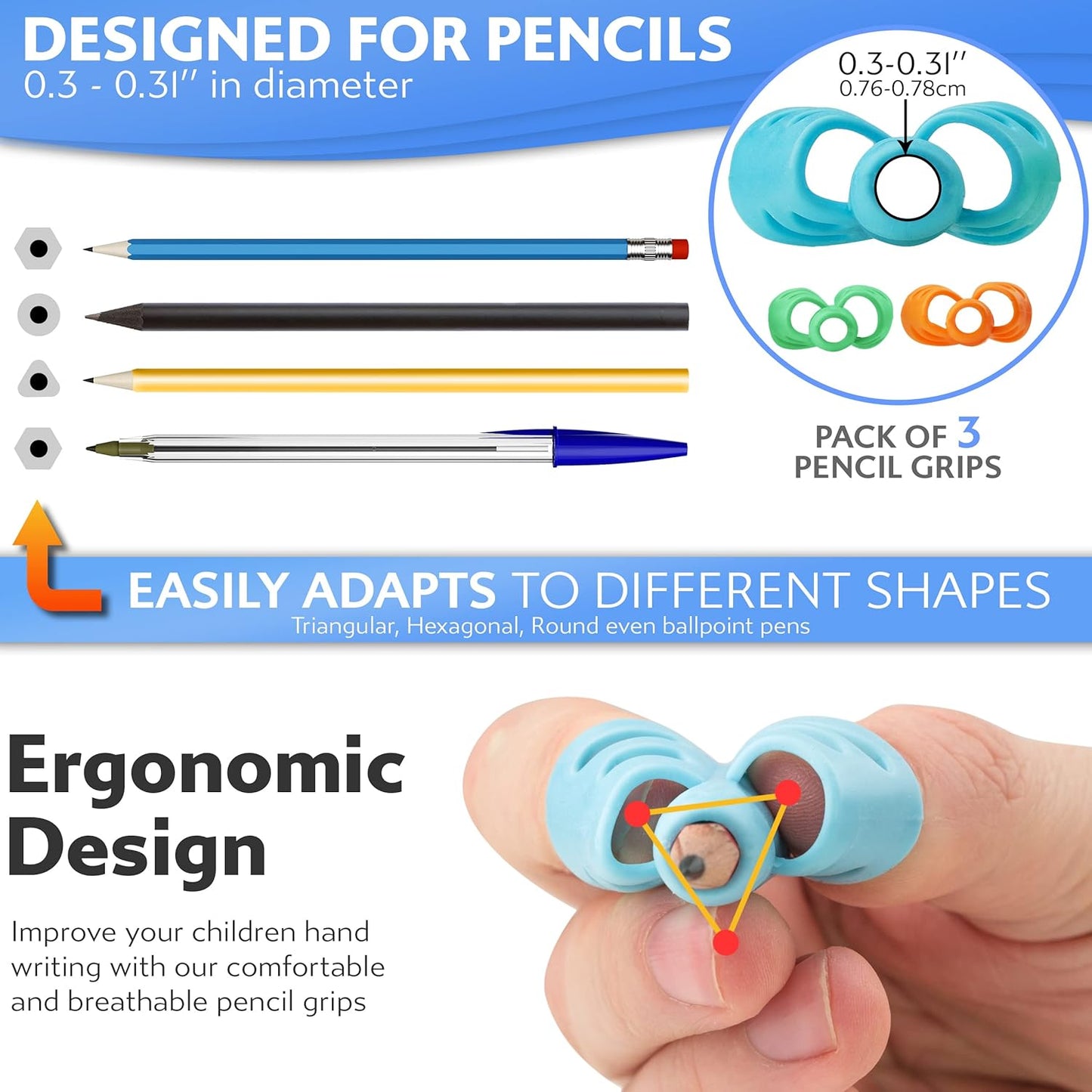 Stylo Pencil Grips for Kids - Ergonomic Handwriting Tools for Ages 2-5 | Left & Right Handed - 3 Pack