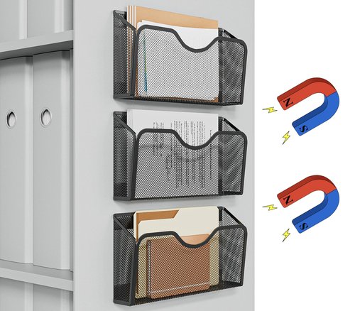 JANE EYRE Magnetic File Holder - 3PCS File Paper Mail Organizer No Drilling Magazine Paper Document Holder/Magnetic Hanging File Organizer for File Cabinets, Office, Whiteboard, BLACK