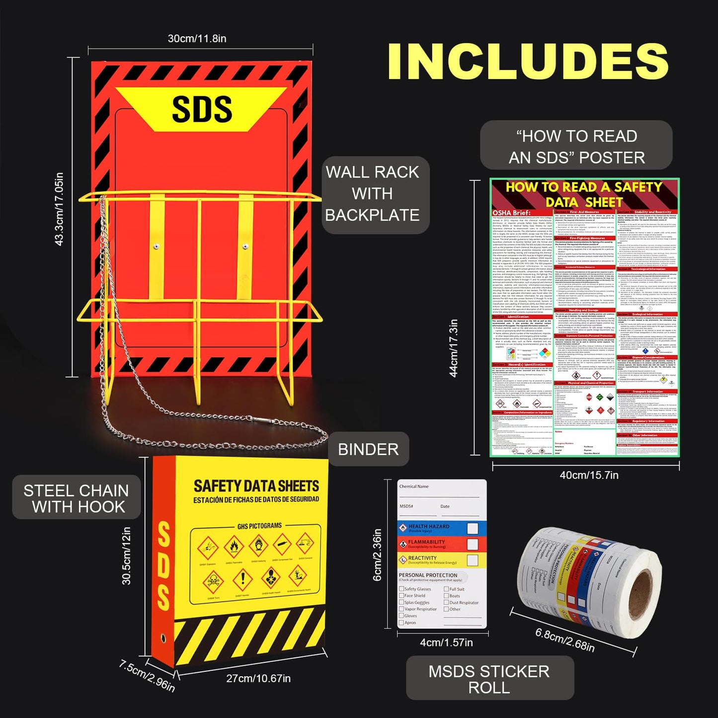 2 Pack MSDS SDS Binder and Wall Station,Yellow Heavy Duty 3 Inch Material Safety Data Sheet 3 Ring Binder with SDS Wire Rack and Display Sign,Chain,Safety Posters,MSDS Labels,Binder Wall Mount