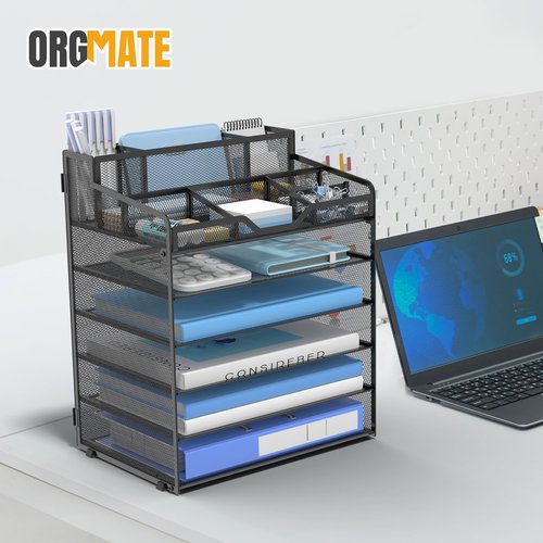 OrgMate 6 Tier Mesh Desk Organizer,Multi Functional Letter Paper Tray with 3 Pen Holders and 5 Adjustable Storage Compartments for Office Supplies Files and Mail Space Saving Desktop Organizer-Black