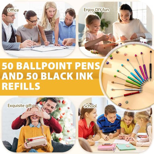 Chivao 50 Pieces Metal Beadable Pens Bulk Beaded Pens Black Ink Ballpoint with Refills Assorted Beadable Items for Focal Beads DIY Making Gifts Student Teacher Kids Office School Business Supplies