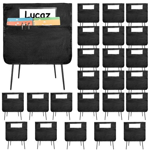 EggSun 24Pcs Chair Pockets for Classroom 16 Inch, Seat Pockets for Classroom Chairs Bag K-2 Folders with Name Tags for Student Kids Teachers Supplies Seat Organizer Back to School Supplies (Black)