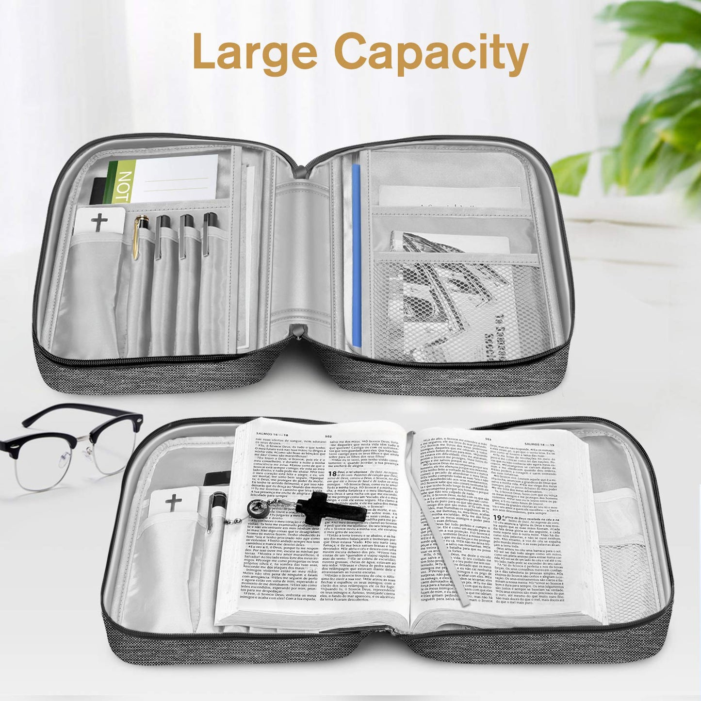 FINPAC Bible Cover, Carrying Book Case Church Bag Bible Protective with Handle and Zippered Pocket, Gift for Mother Lady Women Men, Gray