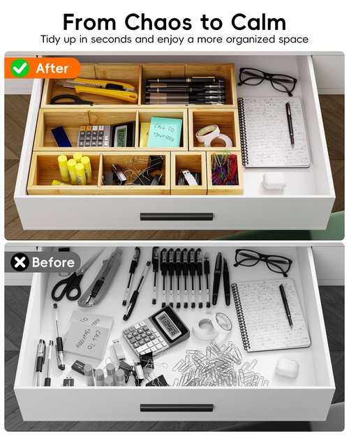 VA1KENE Desk Drawer Organizer Tray Set of 6 – Bamboo Office Storage Boxes with 12 Compartments for Office Supplies, Cosmetics, Jewelry and More
