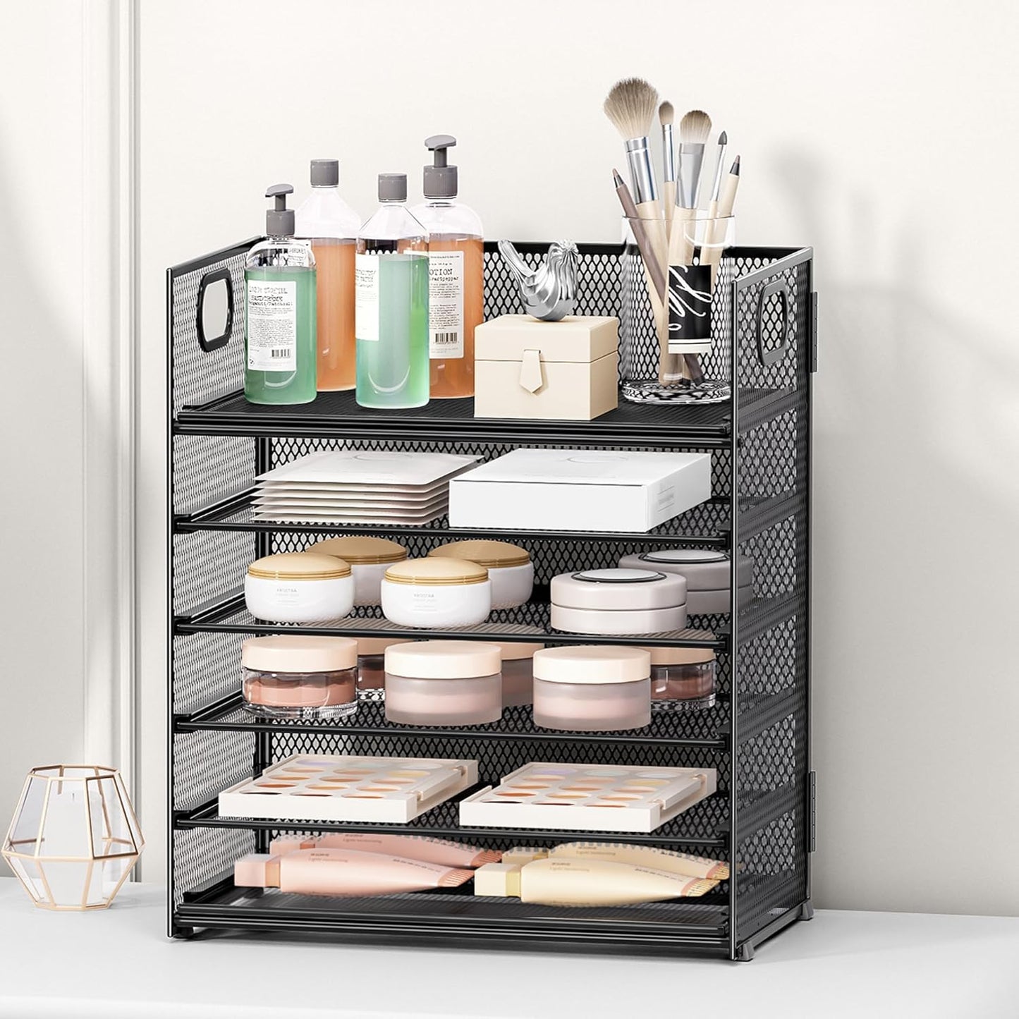 Subekyu Paper Tray Organizer - 2-Pack 6-Tier Black Mesh File Sorter with Handles for Office & Home Storage