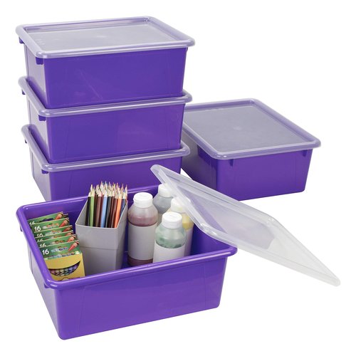 Storex Letter Size Deep Storage Tray – Organizer Bin with Non-Snap Lid for Classroom, Office and Home, Violet, 5-Pack (62548U05C)