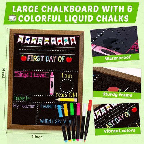 First and Last Day of School Board Sign, 14×11 Inch Double-Sided Chalkboard with 6 Colorful Markers, 1st day of kindergarten Sign, Reusable Preschool Board, Back to School Kindergarten Supplies