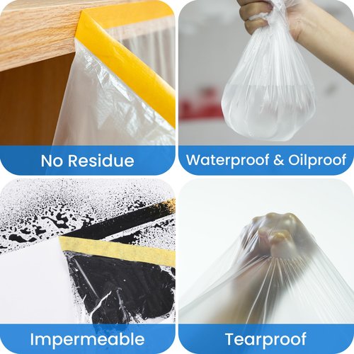 TAPEBEAR Upgrade Pre-Taped Masking Film Extra Thick, High Temp Tape and Drape 55" x 90', Plastic Cover for Automotive, Painting, Plastic Sheeting Masking Tape Film for Auto, Floor, Furniture, 4Rolls