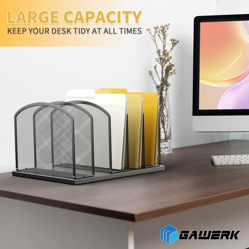Gawerk Large Size Desk File Organizer, Metal Mesh Vertical Desktop File Holder, 5-Section file organizer for Desk Home Office (1 Pack), Black