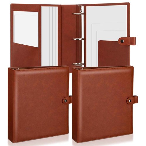 ReliThick 2 Pcs Leather 3 Ring Binder 2 Round Rings for 8.5 x11 Paper and Sheet Protectors Brown Binder Organizer Interior Pockets Snap Closure Letter Size