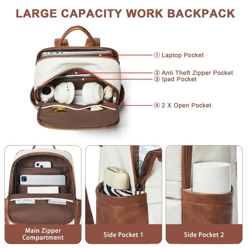 Leather Laptop Backpack for Women, 15.6" Causal Daypack Backpacks Purse Computer Backpack with Laptop Compartment for Travel Work College Business, Beige Brown