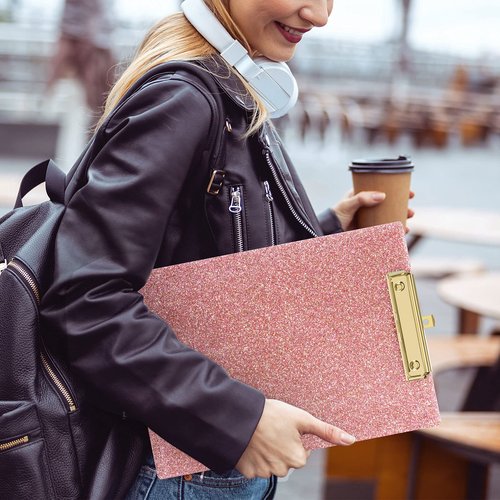 Piasoenc Acrylic Clipboards, Fashion Glitter Clip Board with Low Profile Gold Clip, Designed for Classroom School and Office Use, A4 Letter Size 9 x 12.5 in, Pink