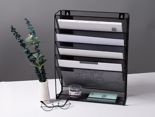JINGWAYS Hanging Wall File Organizer Magazine Holder Mail Sorter Magazine Rack Office Supplies Metal Mesh Desk Organizer with Bottom Flat Tray, 6 Tier (BLACK)