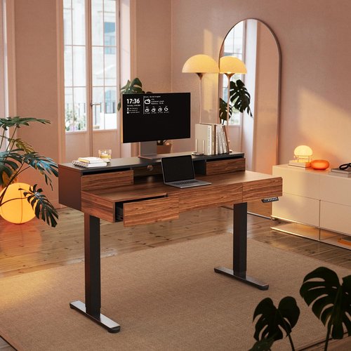 HUANUO Electric Height Adjustable Standing Desk - 48 Inches with Drawers & Monitor Shelf | Black Walnut