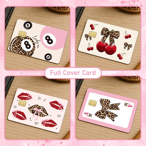 Coquete Leopard Credit Card Skin - 4 Pcs Cherry Bow 8 Ball Billiards Debit Skin Stickers Leopard Lip Print Credit Decal Cover Set for Transportation Key Debit Bus Cards Women