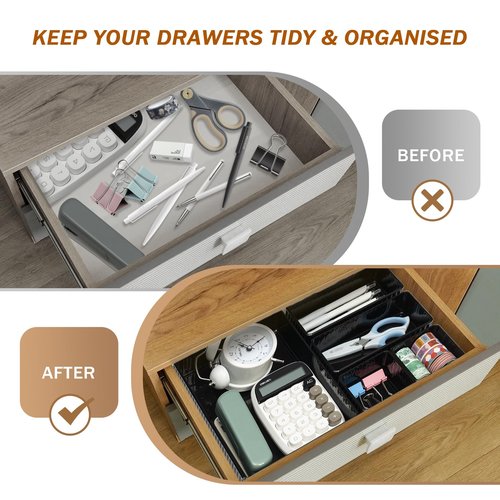 MOSA BEAR 6 PCS Black Drawer Organizer Set 3-Size, Makeup Organizer,Versatile Desk and Vanity Drawer Organizer Trays, Storage Bins for Bedroom, Kitchen，Bathroom