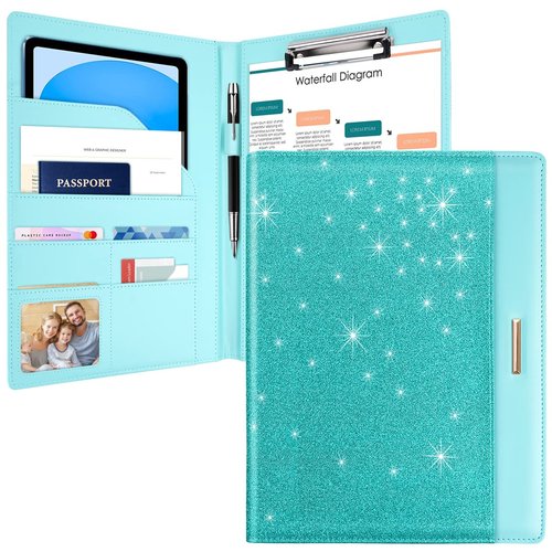 Glitter Padfolio/Resume Portfolio Folder for Women Men, WAVEYU Cute Chic Padfolio Cover Folder, Conference/Legal Document Organizer with Letter/A4 Size Clipboard, Document Sleeve, Teal