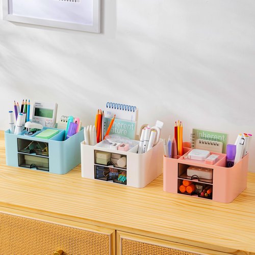 Moikiwi 2PCS Desk Organizer with 2 Drawers, Office Supplies Organizer, Cute Desk Accessories with Plastic, Pen Holder, Blue