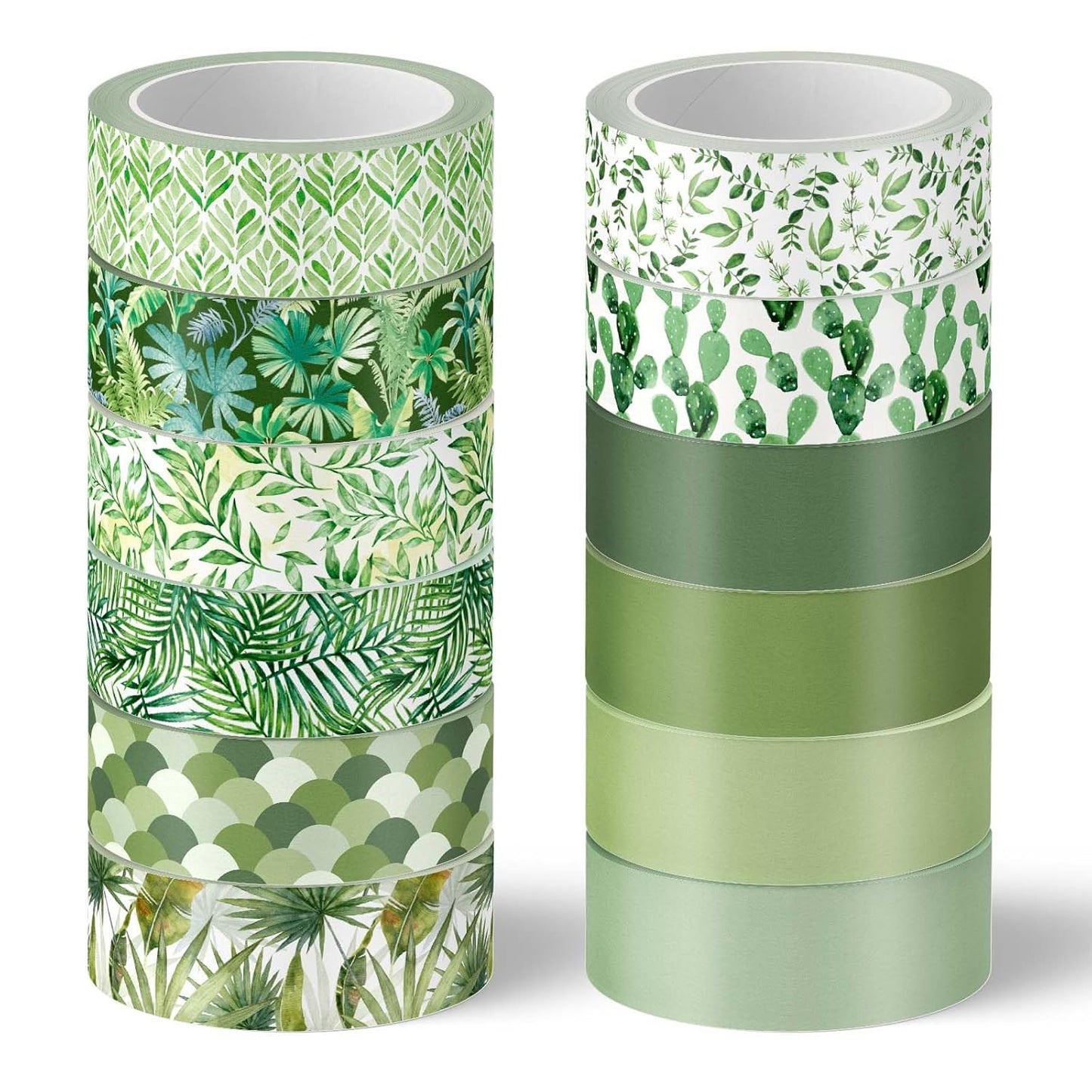 Whaline Washi Tape Set - 12 Rolls of Green Leaves & Assorted Plant Designs for Scrapbooking & DIY Crafts