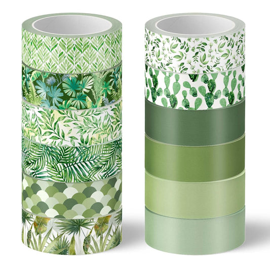 Whaline Washi Tape Set - 12 Rolls of Green Leaves & Assorted Plant Designs for Scrapbooking & DIY Crafts