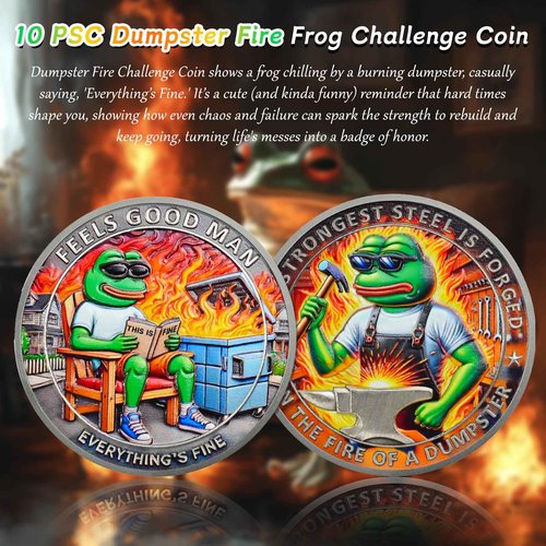 10PCS Fun Dumpster Fire Frog Challenge Coin - The Strongest Steel is Forged Dumpster Fire Coin - Emotional Support This is Fine Chip - Inspirational Funny Desk Accessories Gifts for Work Men Women