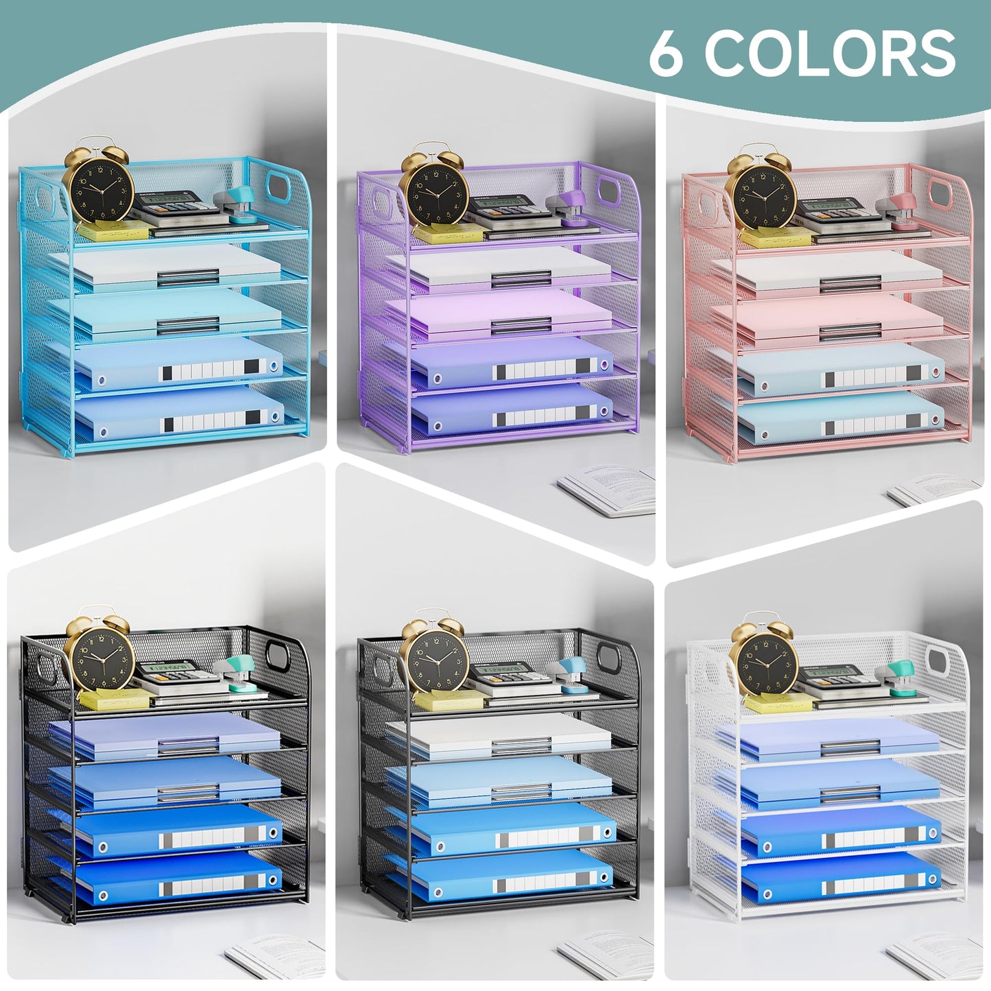 Kinkota Paper Organizer Letter Tray with Handle Mesh 5-Tier Stackable Desk Organizer for Files/Paper/Office Supplies, Sturdy Carbon Steel Desk Organizer for Home Office & Classroom